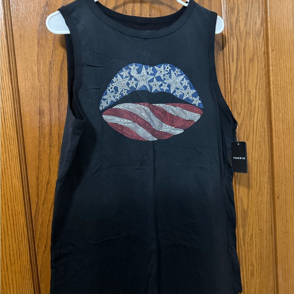 Torrid Black Muscle Tee with Patriotic Lips Design
